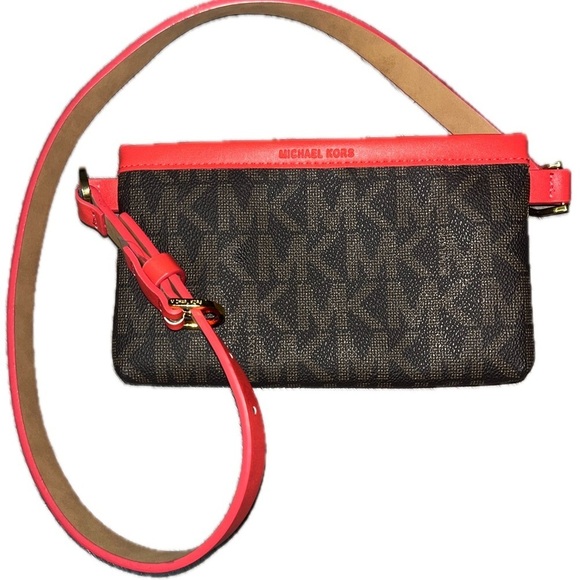 MICHAEL Michael Kors Brown/Red Signature Coated Canvas and Leather Belt Bag - Picture 14 of 15